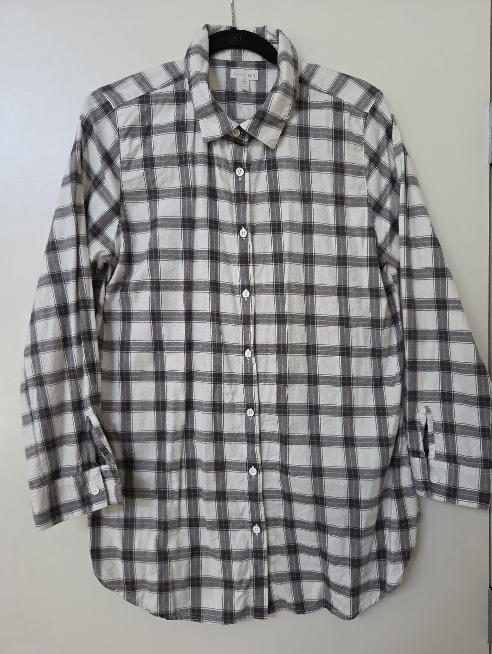 Garnet Hill Organic Cotton Plaid Button Down Tunic Shirt Size 12 Black White